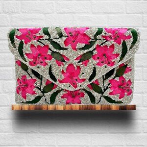 Pink Hibiscus Silver Seed Glass Beaded Crossbody Chain Clutch Bag NEW